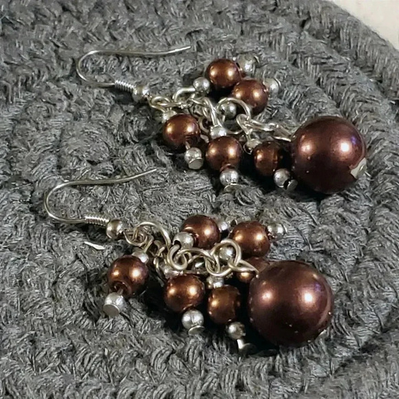 Hand Crafted Purple Bronze Glass Pearl Beads Cluster Dangle Earrings - Picture 2 of 7